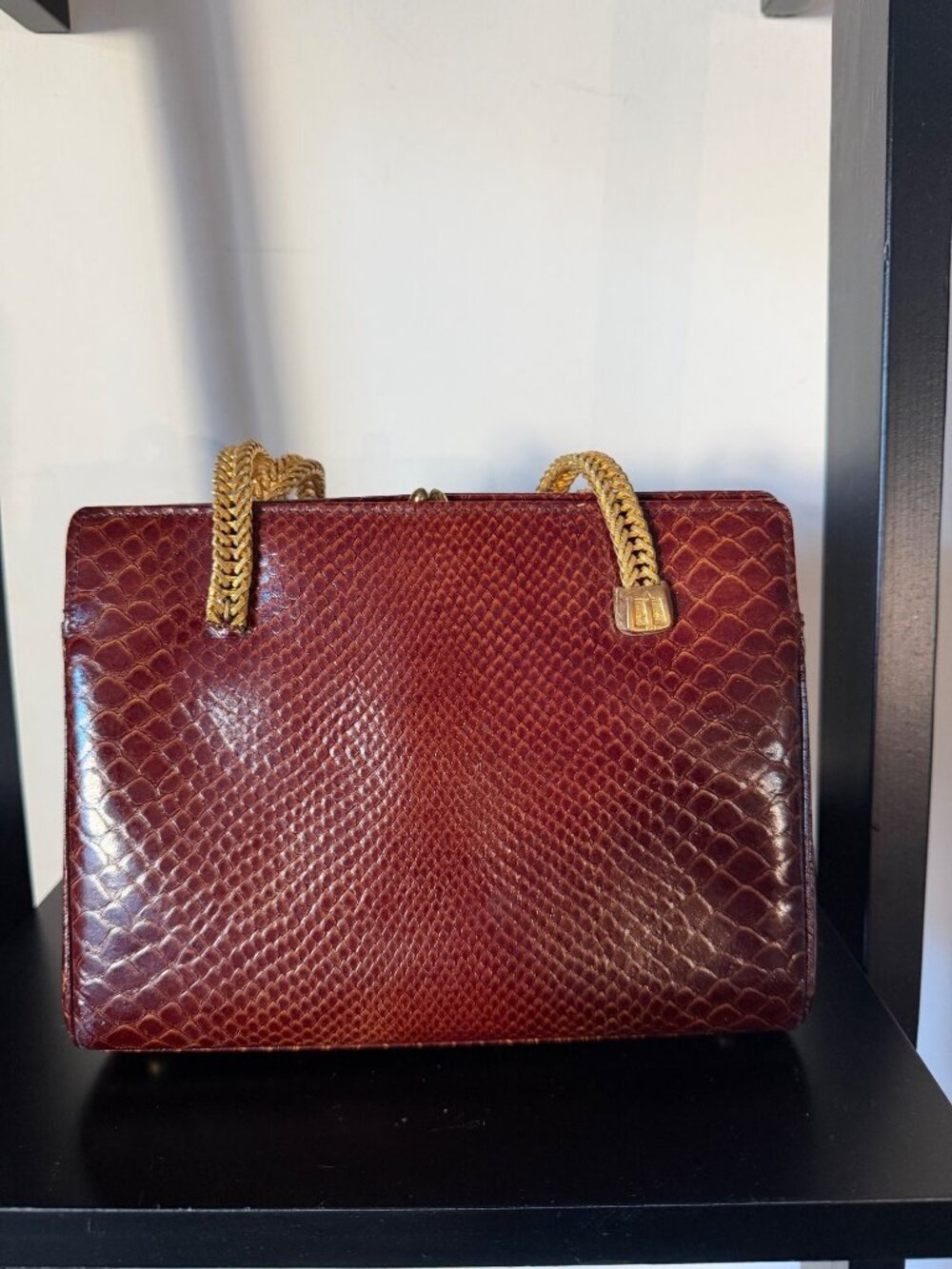 Vintage Saks Fifth Avenue Burgundy Snakeskin Shoulder Bag With Gold Chain Strap